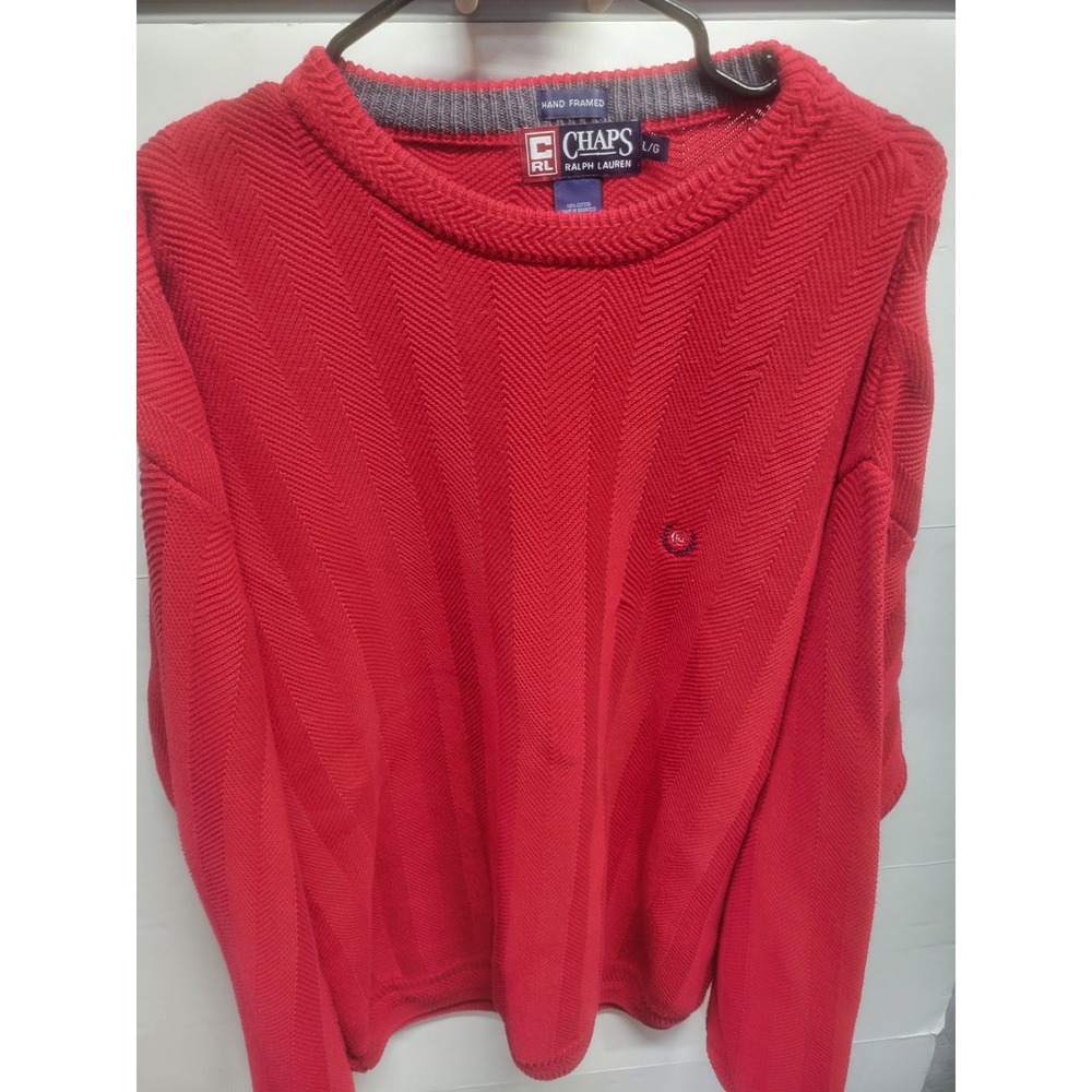 Chaps Ralph Lauren Red Chevron Knit Crewneck Sweater Large Hand Framed Cotton